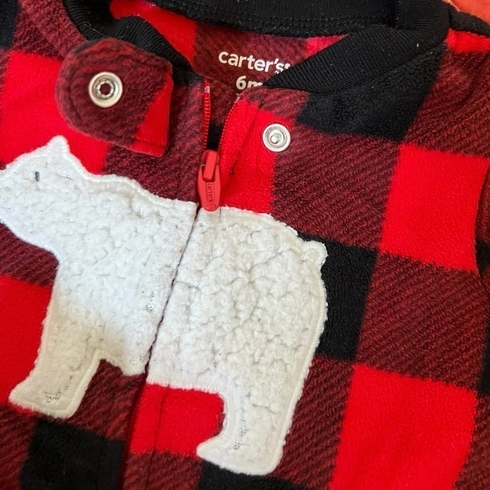 Carter’s 6 months pajama red & black plaid Sherpa bear holiday style winter wear